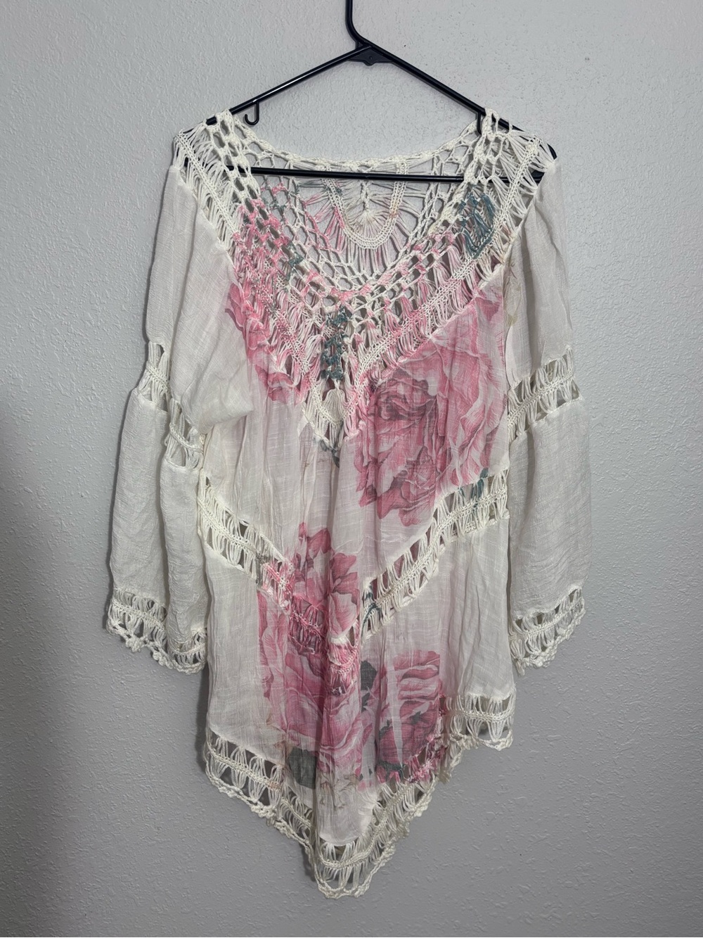 White Crochet-Trim Swim Coverup with Pink Rose Print
